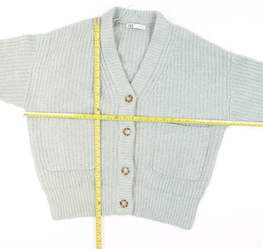 Zara Women Green Knit Chunky V-Neck Cardigan Size M
