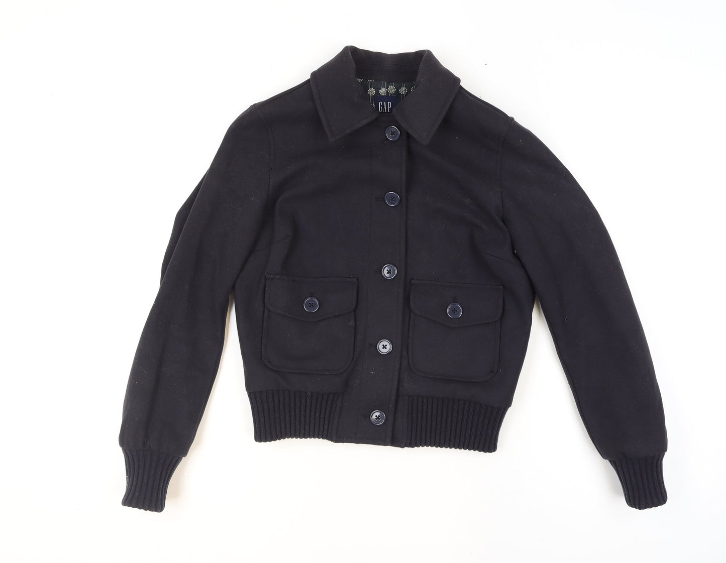 GAP Women’s Black Wool Bomber Jacket XS Classic Button Front