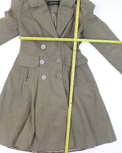 Warehouse Women's Brown Wool Trench Coat UK 12 Long Sleeve Belted