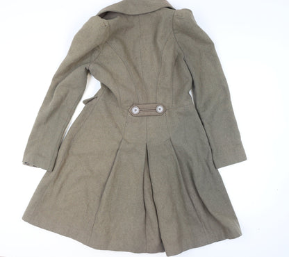 Warehouse Women's Brown Wool Trench Coat UK 12 Long Sleeve Belted