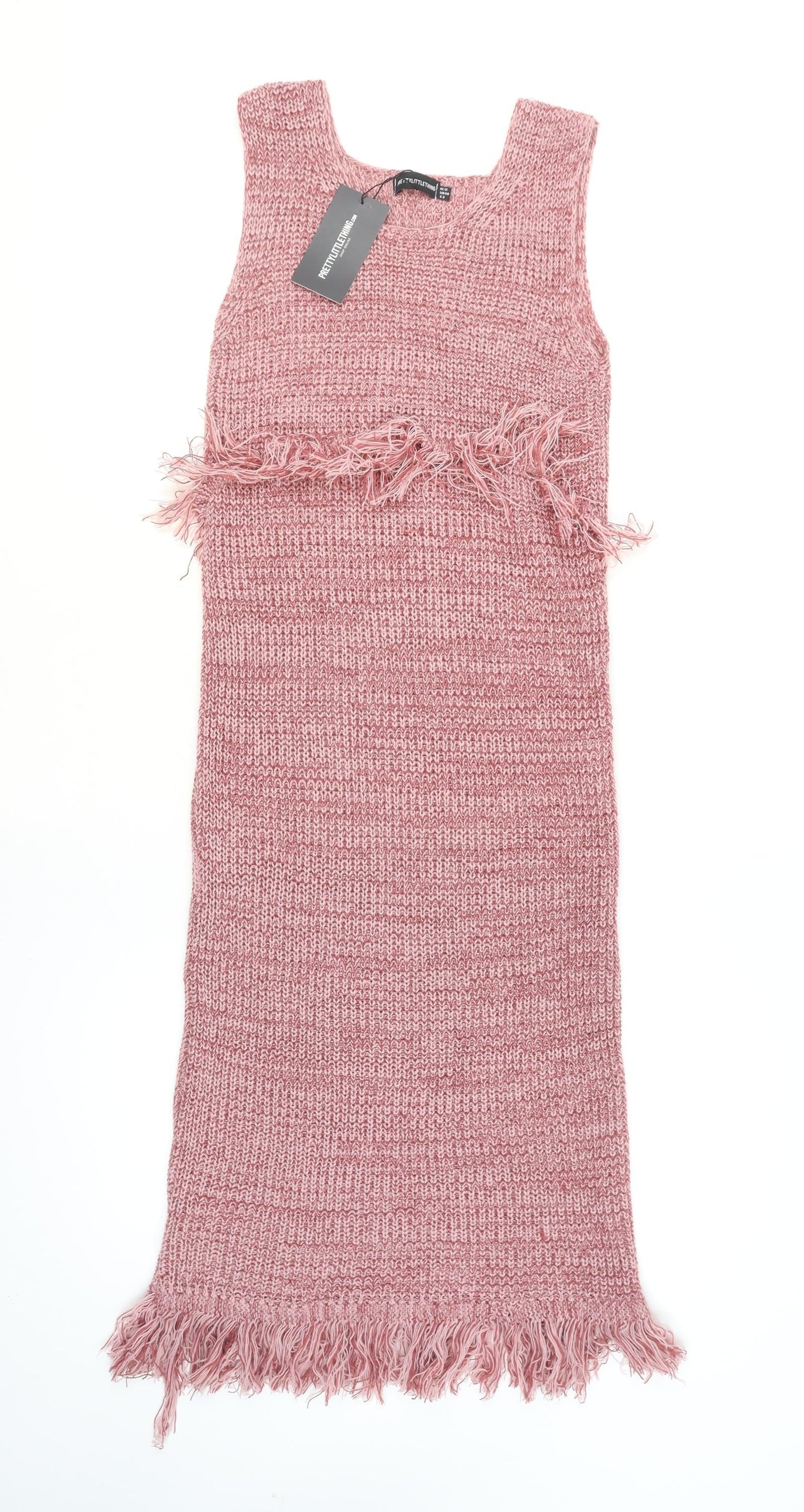 PrettyLittleThing Women Pink Size 12 Knit Tassel Bodycon Midi Dress