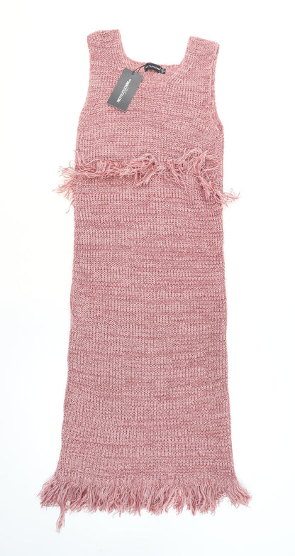 PrettyLittleThing Women Pink Size 12 Knit Tassel Bodycon Midi Dress