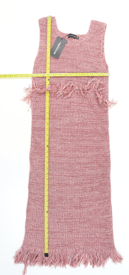 PrettyLittleThing Women Pink Size 12 Knit Tassel Bodycon Midi Dress