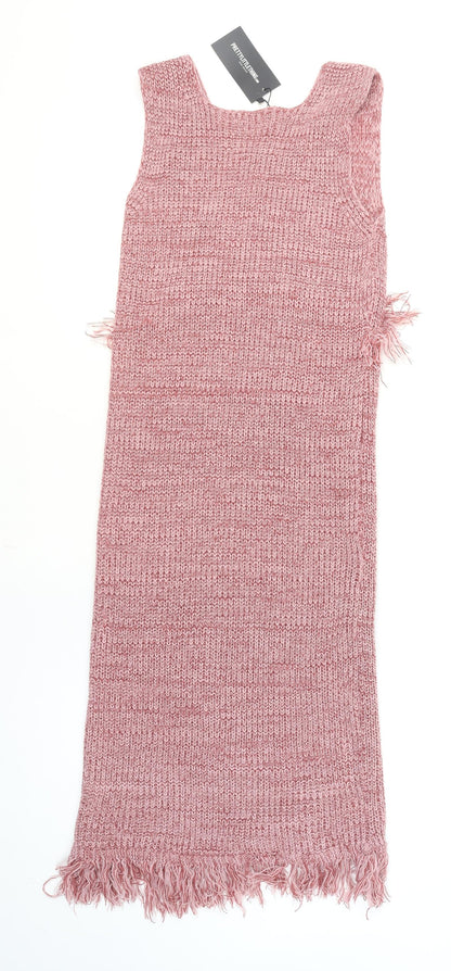 PrettyLittleThing Women Pink Size 12 Knit Tassel Bodycon Midi Dress
