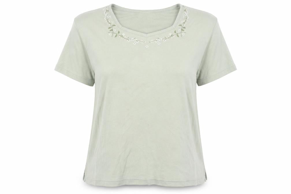 Bonmarché Women’s Green Embroidered V-Neck Cotton T-Shirt Size L