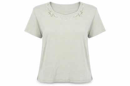 Bonmarché Women’s Green Embroidered V-Neck Cotton T-Shirt Size L