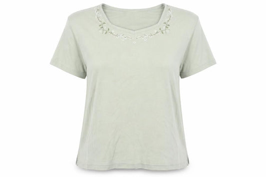 Bonmarché Women’s Green Embroidered V-Neck Cotton T-Shirt Size L