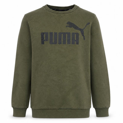 Front view of Puma boys’ khaki green crew neck sweatshirt xl 14-15 years logo graphic