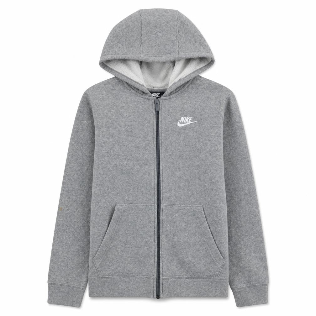 Front view of Nike boys’ grey full zip fleece hoodie size 158cm classic sportswear