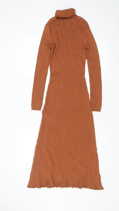 Marks and Spencer Women Brown Knit Roll Neck Bodycon Midi Dress S