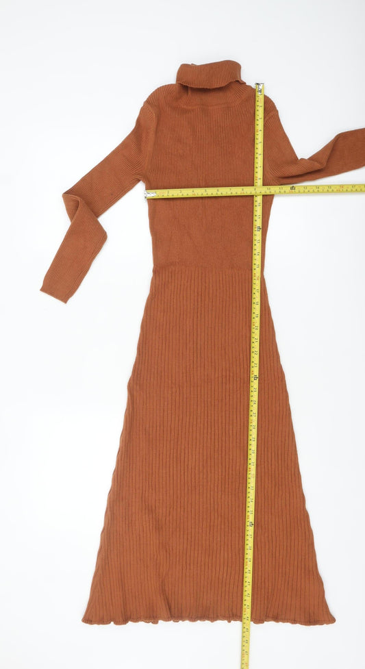 Marks and Spencer Women Brown Knit Roll Neck Bodycon Midi Dress S