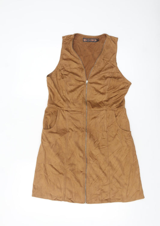 QED London Women's Brown Size 10 Suede Sleeveless Zip Pinafore Dress