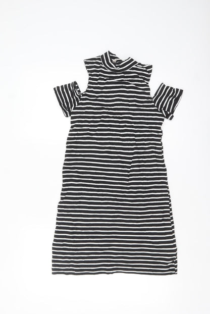 Miss Selfridge Women Black Striped Cold Shoulder Shift Dress Size 6