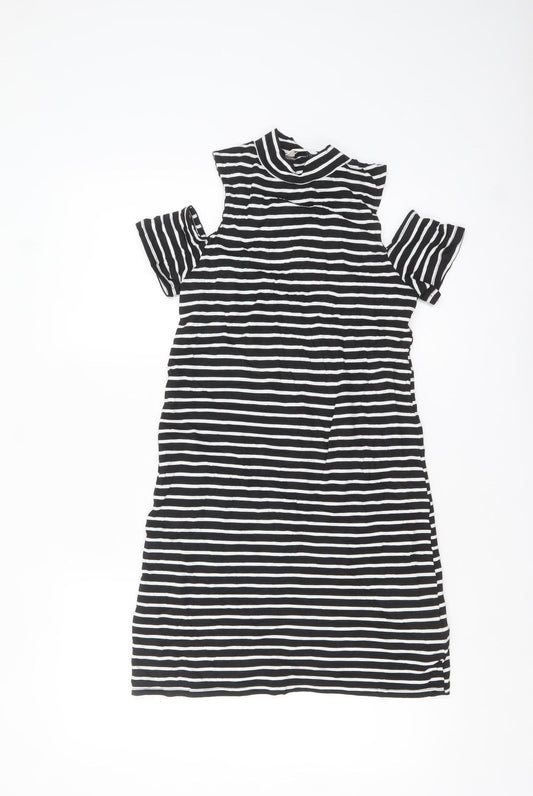 Miss Selfridge Women Black Striped Cold Shoulder Shift Dress Size 6