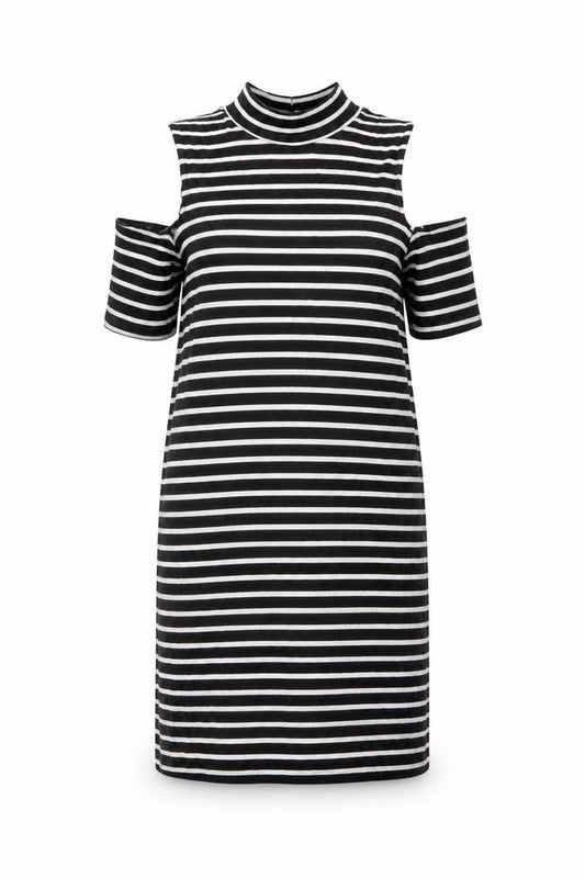 Front view of Miss Selfridge Women Black Striped Cold Shoulder Shift Dress, size 6