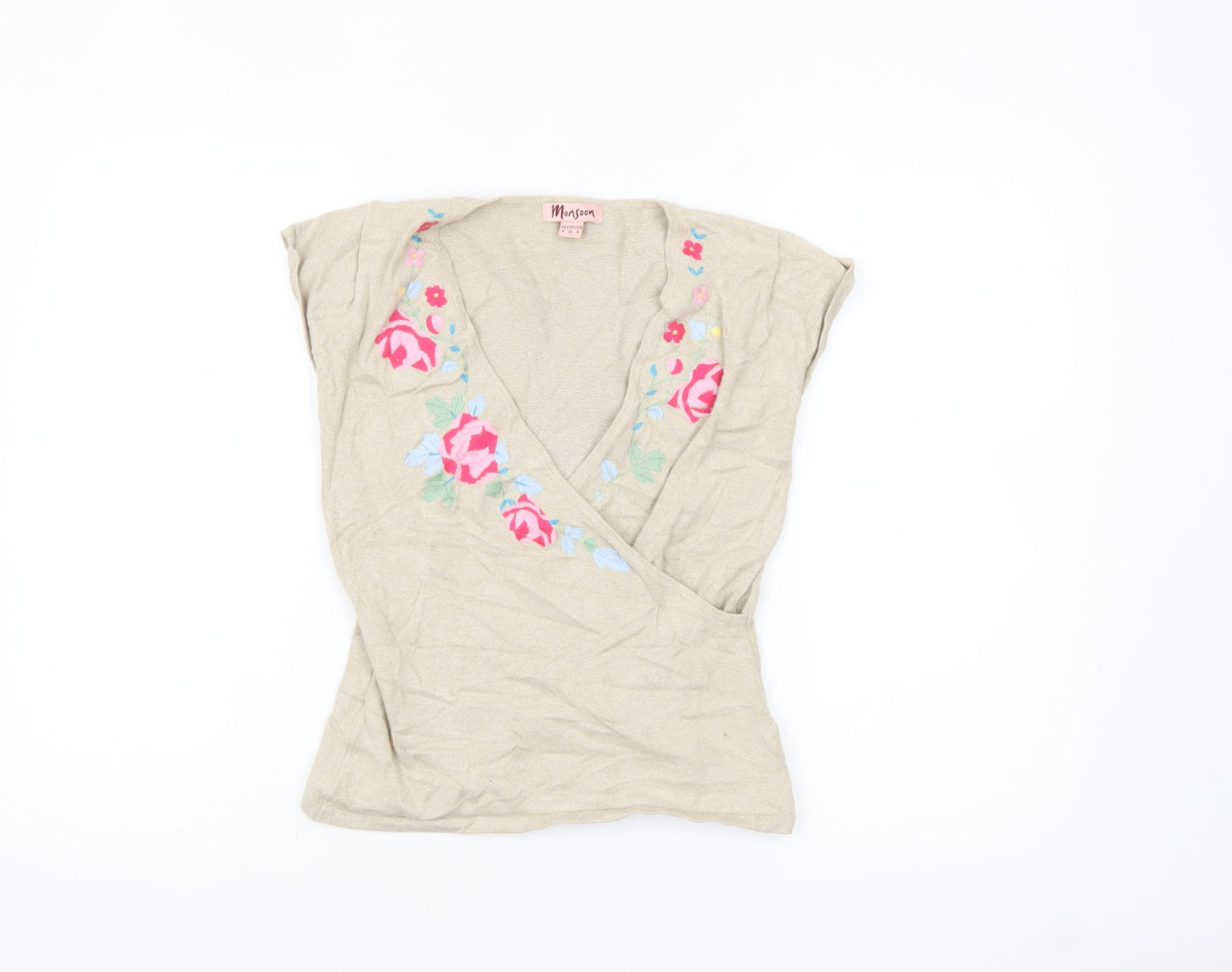 Monsoon Women's Beige Floral Embroidered Wrap Blouse UK 8