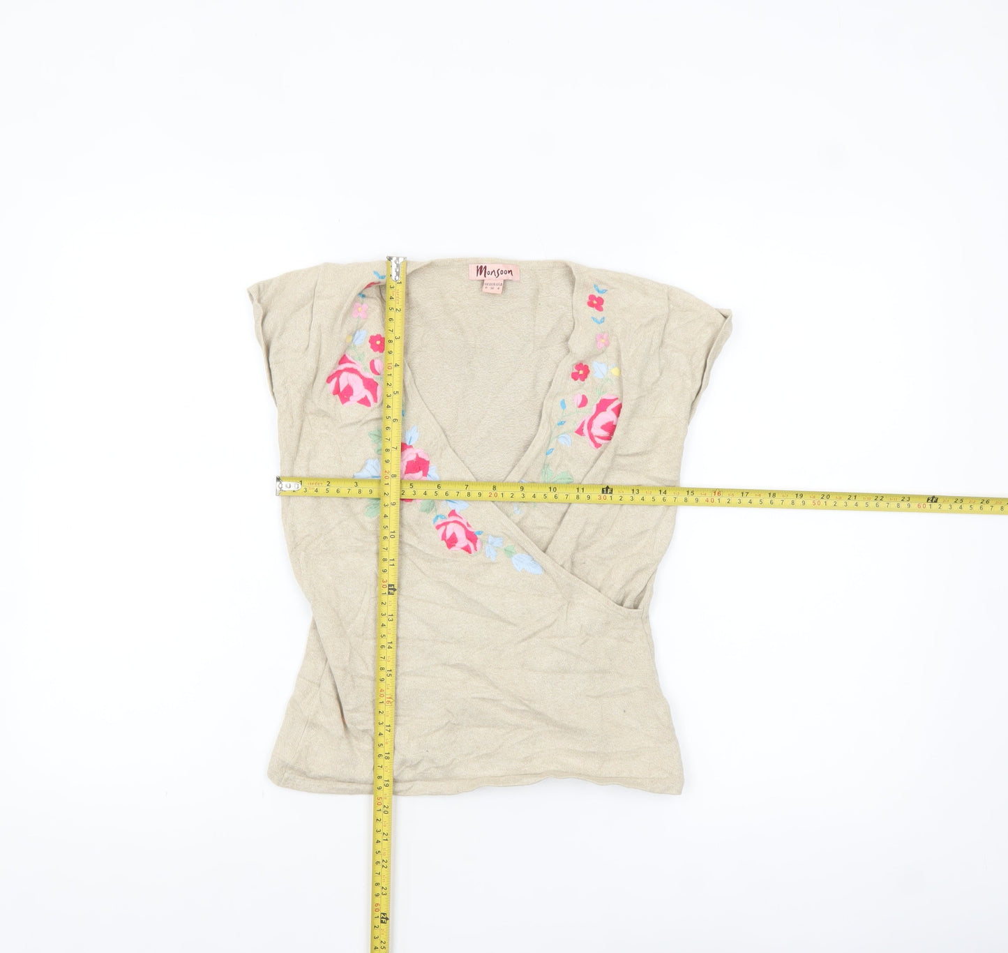 Monsoon Women's Beige Floral Embroidered Wrap Blouse UK 8