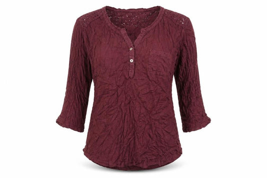 FatFace Women's Red Crochet Tunic Blouse Size 12 3/4 Sleeve Cotton Blend