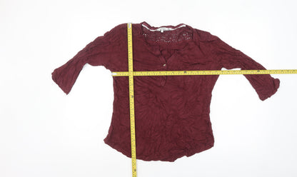 FatFace Women's Red Crochet Tunic Blouse Size 12 3/4 Sleeve Cotton Blend
