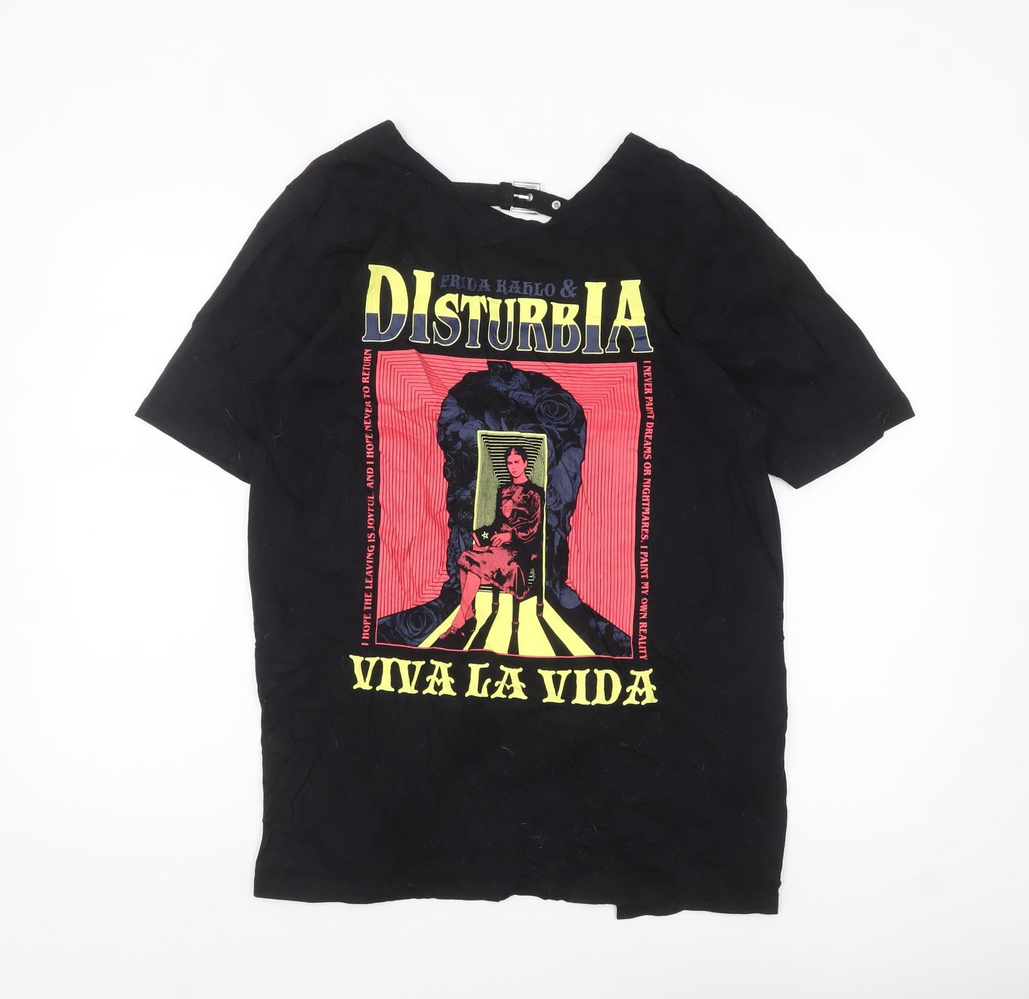 Disturbia Womens Black UK 14 Viva La Vida Buckle T-Shirt Gothic Art Top