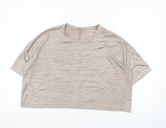 Zara Women Beige Basic Short Sleeve Relaxed Fit T-Shirt Size S
