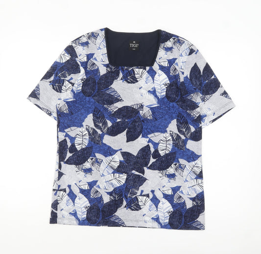 TIGI Womens Blue Floral Leaf Print Short Sleeve T-Shirt Size 14
