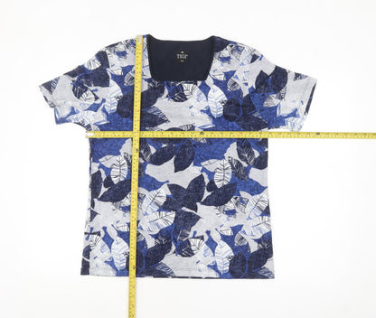 TIGI Womens Blue Floral Leaf Print Short Sleeve T-Shirt Size 14