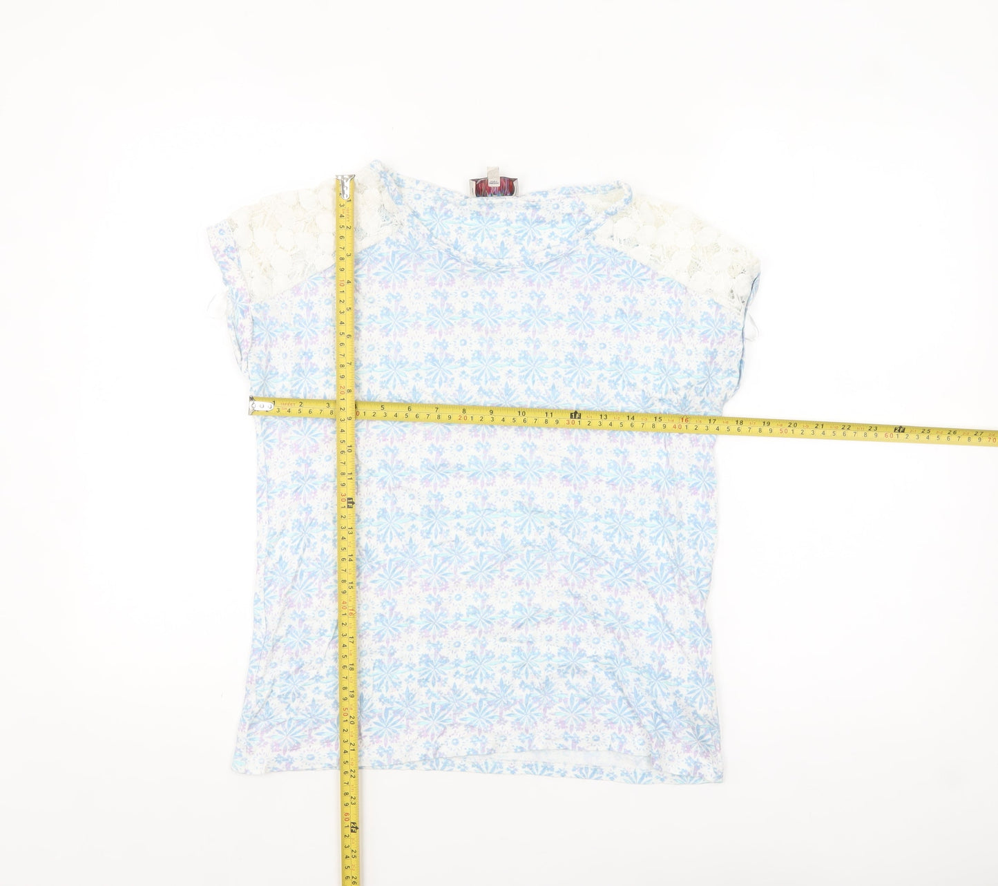 Marks & Spencer Women’s Blue Floral Lace Shoulder Cotton T-Shirt Size 10