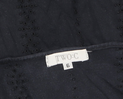 TWO:C Womens Black Embroidered Cotton Short Sleeve Blouse Size 6
