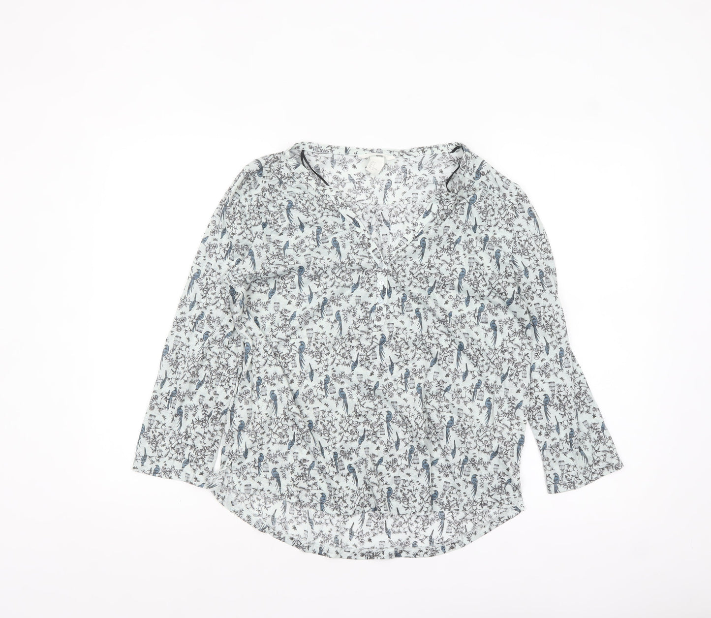 H&M Women's Blue Bird Print V-Neck 3/4 Sleeve Tunic Blouse Size S