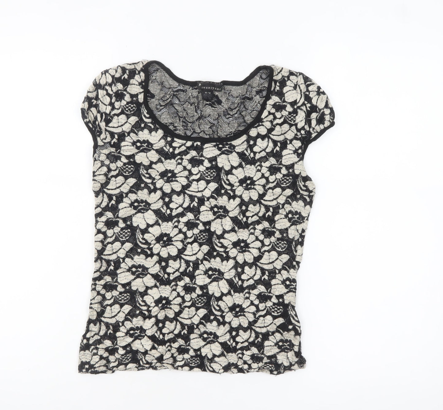 twentyone Women's Black Floral Lace Short Sleeve T-Shirt M