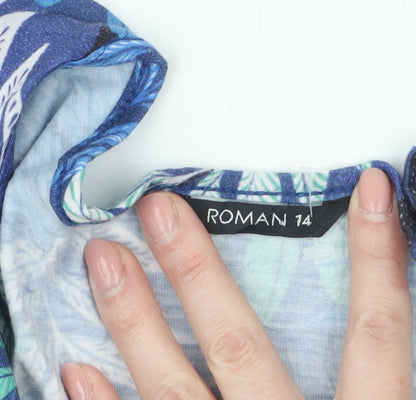 Roman Women’s Blue Tropical Print Short Sleeve Tunic Top Size 14