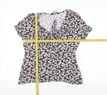Dorothy Perkins Women's Blue Floral Tie Front Short Sleeve Blouse Size 12