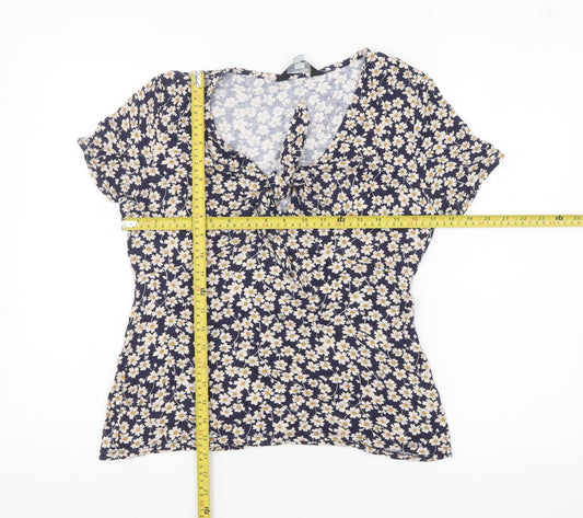 Dorothy Perkins Women's Blue Floral Tie Front Short Sleeve Blouse Size 12