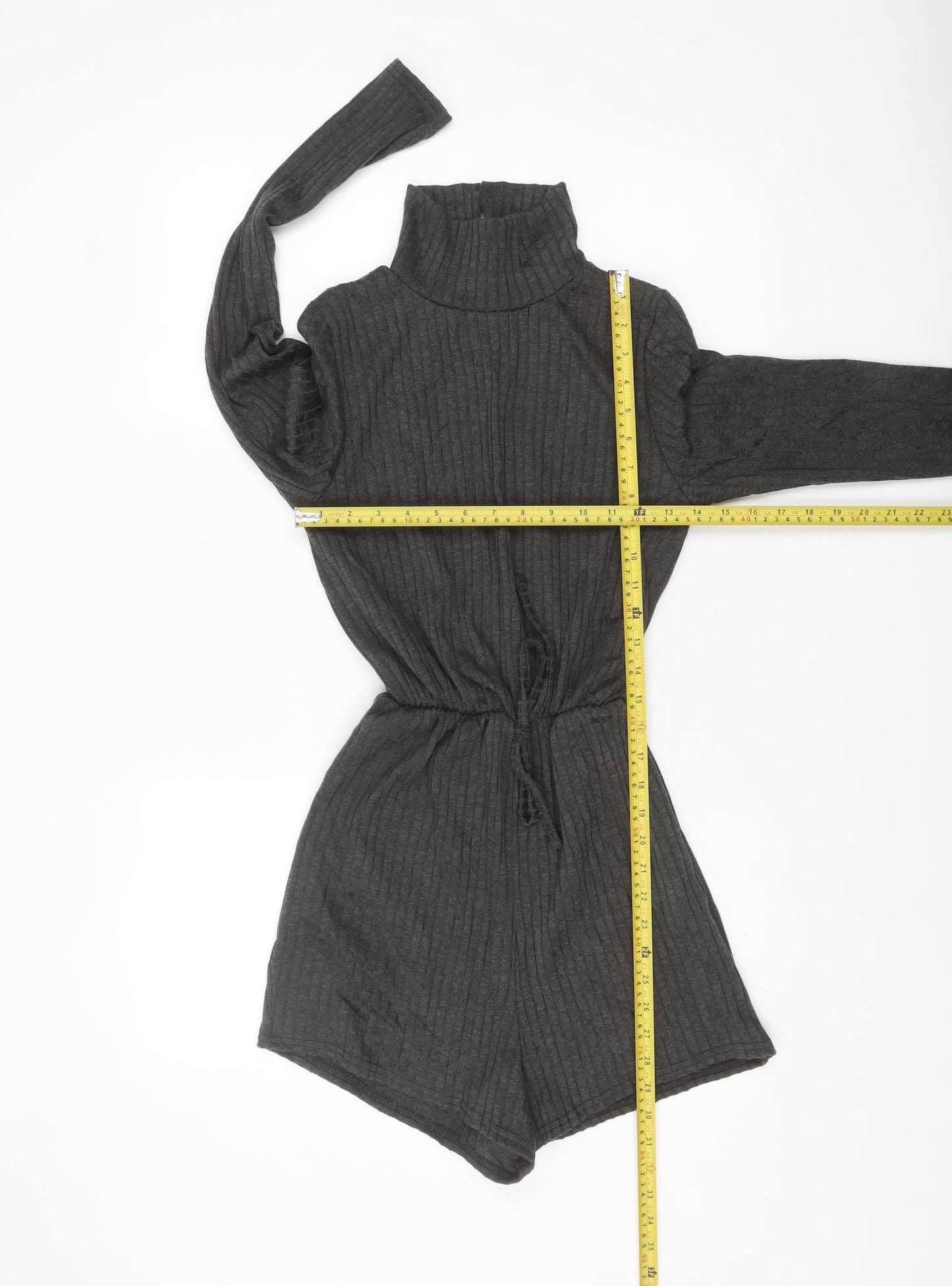 Missguided Women Grey Ribbed High Neck Long Sleeve Playsuit Size 8