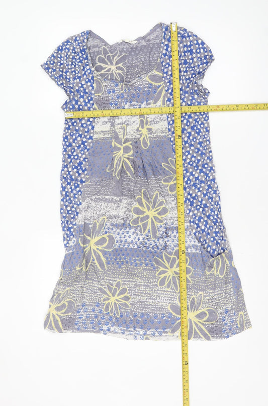 White Stuff Women's Blue Floral Polka Dot Cotton Knee Length Shift Dress Size 8