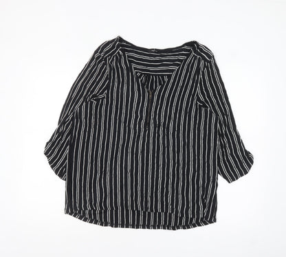 M&Co Women’s Black Striped Petite 3/4 Sleeve Zip Tunic Blouse Size 18