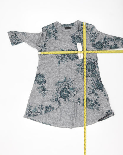 Roman Women's Grey Floral Tunic Top Size 10 3/4 Sleeve Stretch Jersey