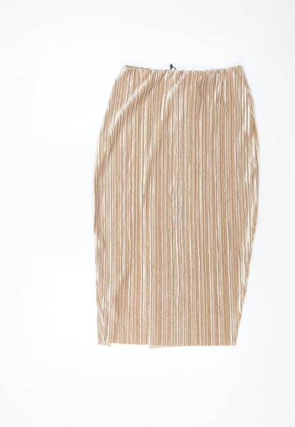 Boohoo Women Beige Velvet Pleated Midi Pencil Skirt Size 12