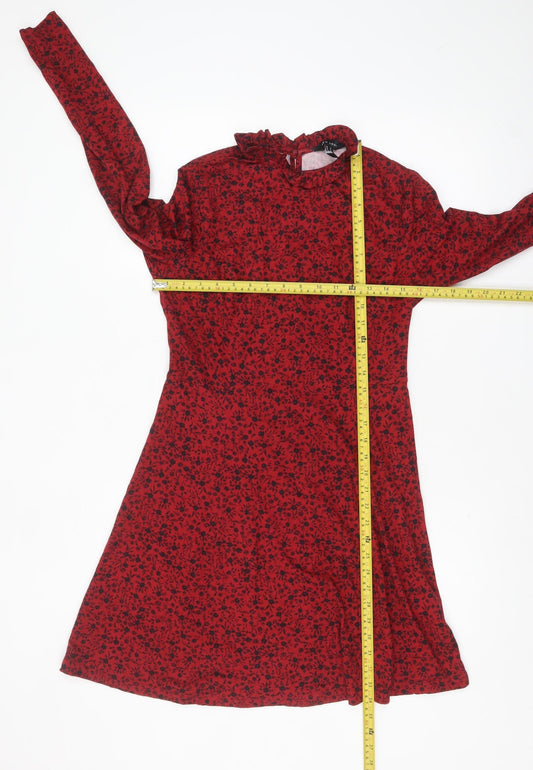 New Look Women Red Floral A-Line Dress Size 10 Long Sleeve