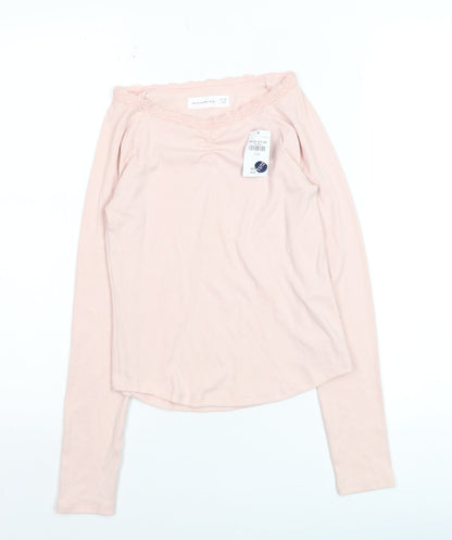 Abercrombie Kids Girls Light Pink Long Sleeve Lace Trim Ribbed Top Size 11-12