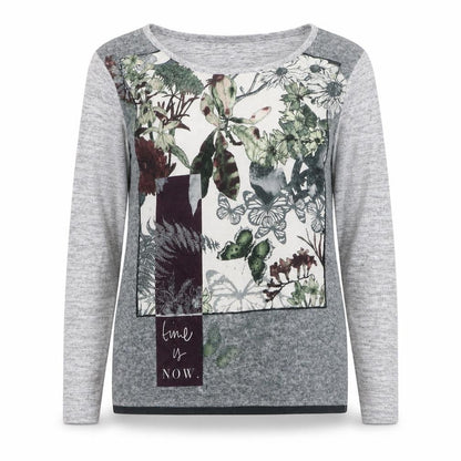 Festa Women Grey Floral Long Sleeve Jersey T-Shirt Size 16