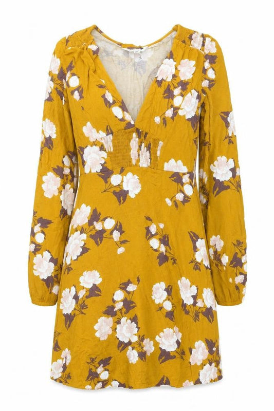 Front view of Miss Selfridge Women’s Yellow Floral A-Line Dress, size UK 8