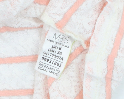 Marks and Spencer Women’s Coral Stripe Boat Neck Lace T-Shirt Size 8