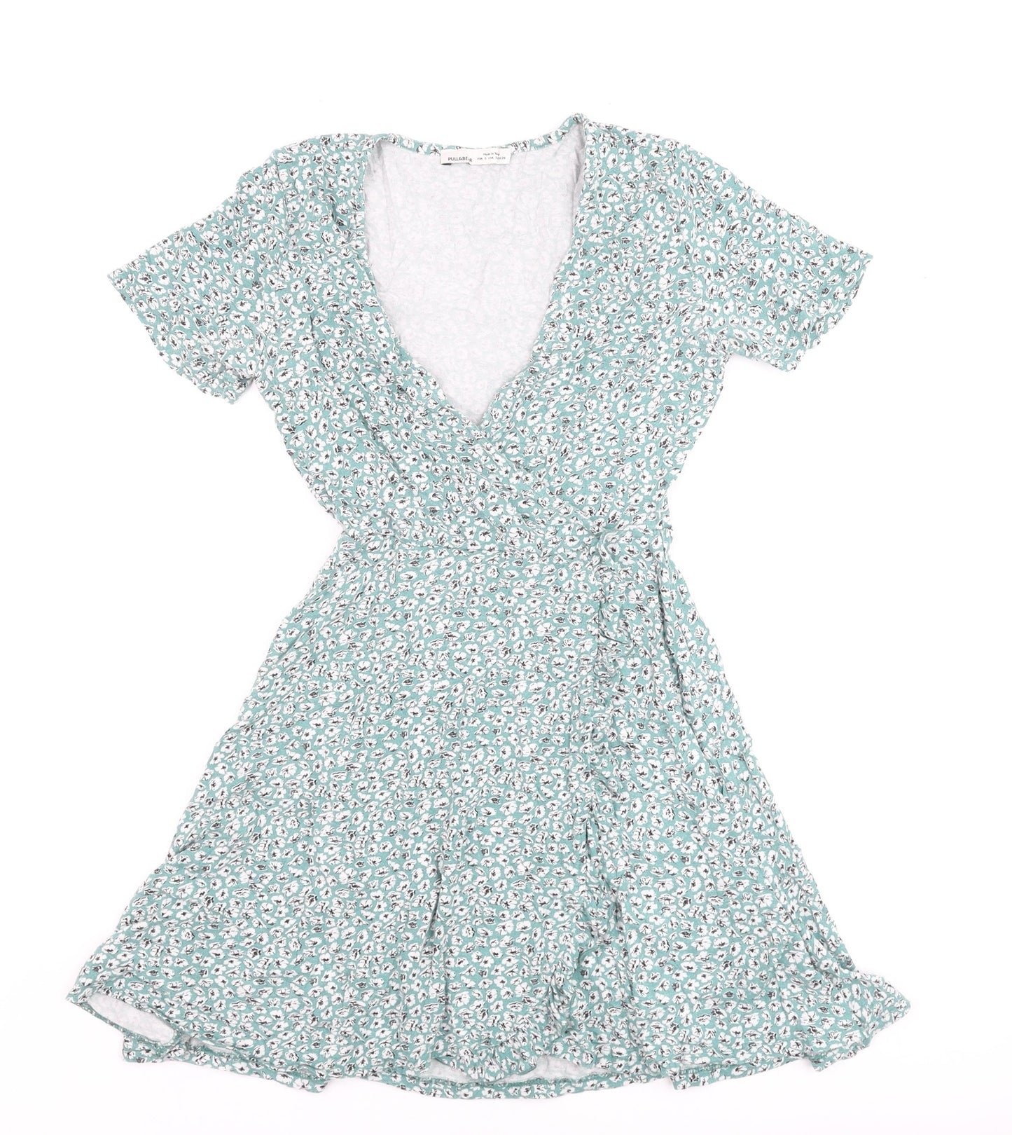 Pull & Bear Women's Green Floral Short Wrap Dress Size 8