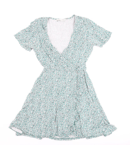 Pull & Bear Women's Green Floral Short Wrap Dress Size 8