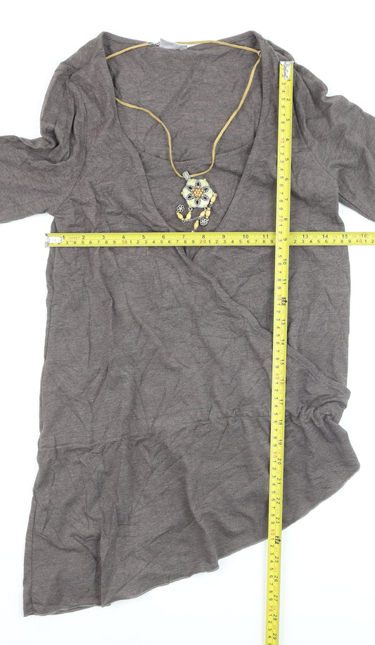 Next Women's Brown Wrap Blouse Size 8 3/4 Sleeve V-Neck Jersey Top