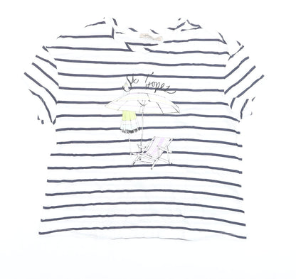 Marks and Spencer Womens White Striped Beach Print Cotton T-Shirt Size 8