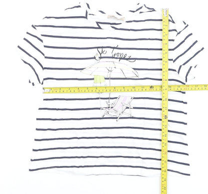Marks and Spencer Womens White Striped Beach Print Cotton T-Shirt Size 8