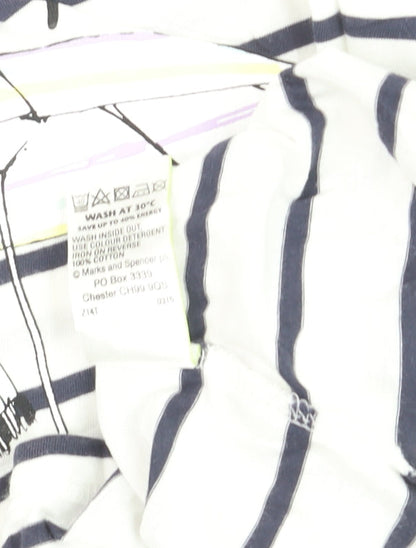 Marks and Spencer Womens White Striped Beach Print Cotton T-Shirt Size 8